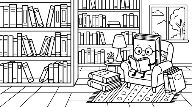 Cozy School Library with Child Reading Books Coloring Page