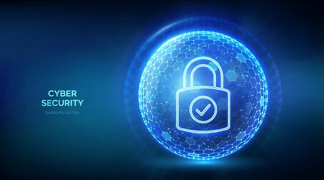 Digital globe with security padlock icon representing global cyber security and data protection