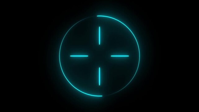 Neon aim cross, target search and aiming animation. Glowing neon target icon, looped animation. Cross hair, gun aim, sniper target, bulls eye, precise shoot, hunting, target audience.