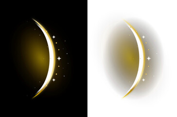 Golden crescent moon with glowing stars, celestial lunar phase icons on black and white backgrounds, elegant mystical night sky elements © riponhossain