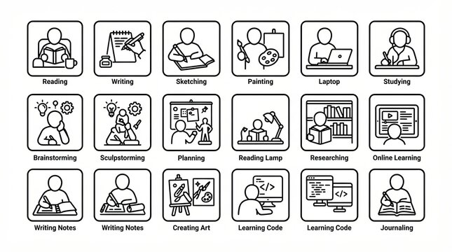 Set of learning and education icons with people doing various activities