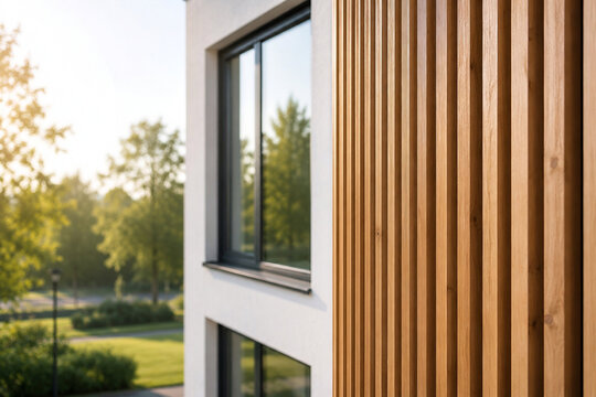Vertikale Holzlamellen an moderner Hausfassade mit Fenstern