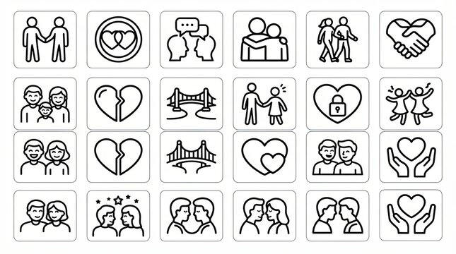 Set of black line icons about love relationships and human connection