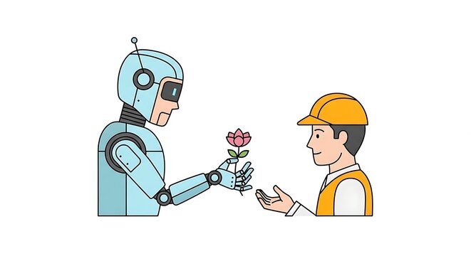 Friendly blue robot hands a pink flower to a construction worker in a yellow hard hat and orange vest, showing human AI cooperation.