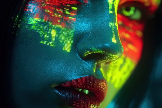 Digital data patterns projected on a thoughtful woman?s face symbolizing the intersection of humanity and advanced technology in a futuristic concept photo
