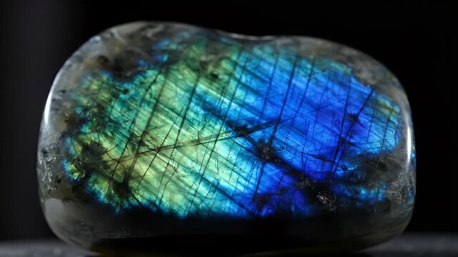 Macro shot of a polished labradorite gemstone showing iridescent blue and green flashes against a dark background.
