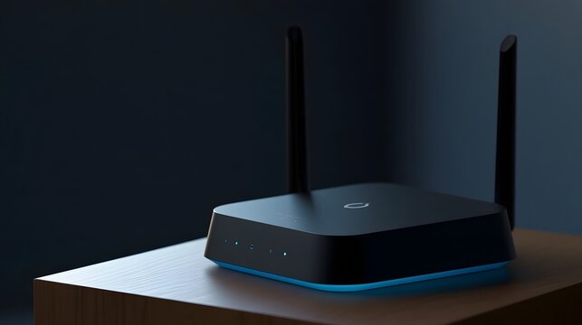 A sleek black wireless router with two antennas sits on a wooden surface under soft blue lighting