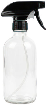 Clear glass spray bottle with black trigger sprayer.