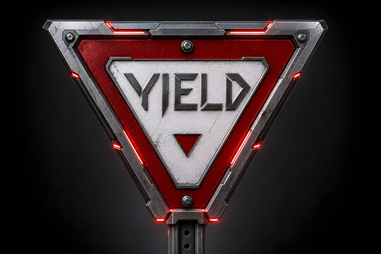 Futuristic Industrial Yield Traffic Sign with Red Neon Metal Design