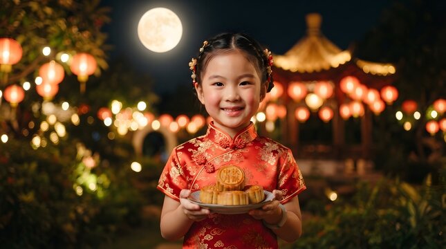 A joyful young girl wearing a traditional red dress celebrates the beautiful mid autumn festival china while holding a delicious mooncake under the bright full