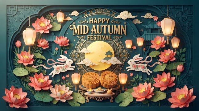 A beautiful paper cut art style illustration celebrating the traditional mid autumn festival china featuring glowing lanterns full moon lotus flowers and cute jumping rabbits