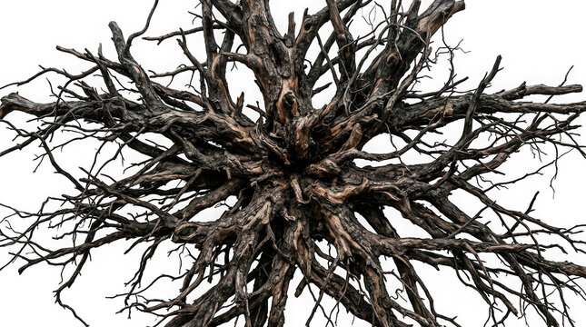 Top view of a gnarled tree root system isolated on transparent background