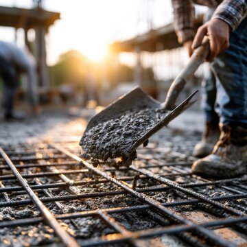 Worker pouring wet concrete onto steel reinforcement bars at a construction site during sunrise for building foundation development and infrastructure improveme