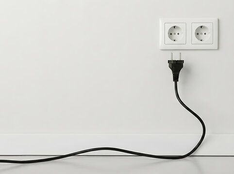 Black power cord plugged into a white electrical wall socket outlet