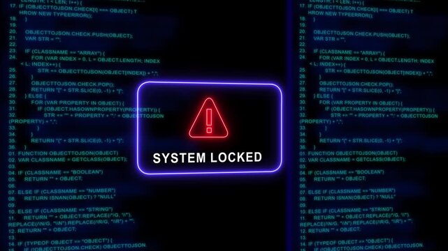 System locked warning sign with digital programming code background, cyber security breach and data protection concept, neon interface alert animation