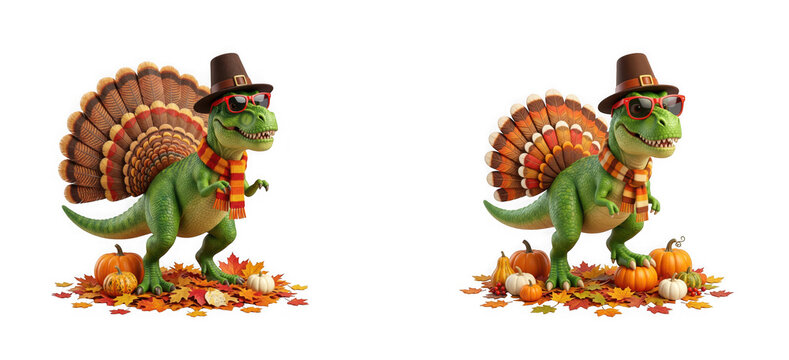 Trex dinosaur dressed as a thanksgiving turkey with hat and scarf isolated on transparent background