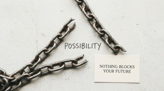 Broken rusty metal chains on a concrete background with text possibility and a card stating nothing blocks your future, representing freedom and overcoming major obstacles for personal