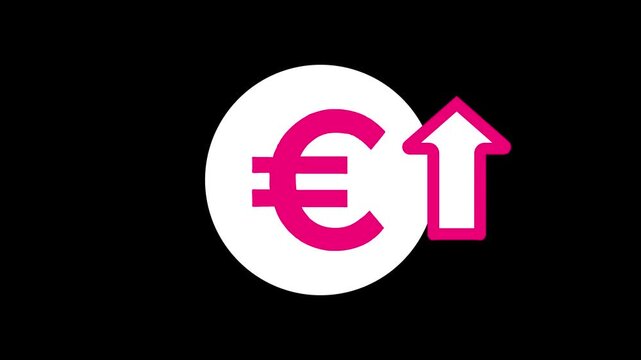 Money increases icon, euro rate increase stretching arrow up icon. glowing concept currency symbol with up arrow moving animation.