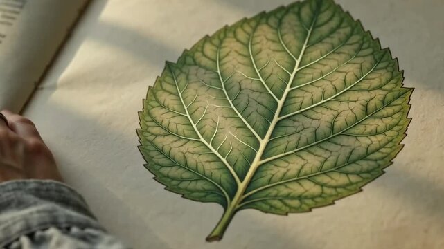 Hand gently touching illustrated botanical leaf with softly glowing veins in warm artistic video