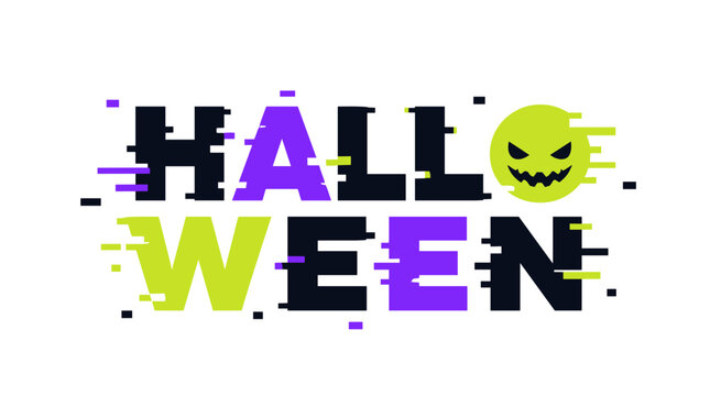 Halloween themed graphic with colorful text and pumpkin.