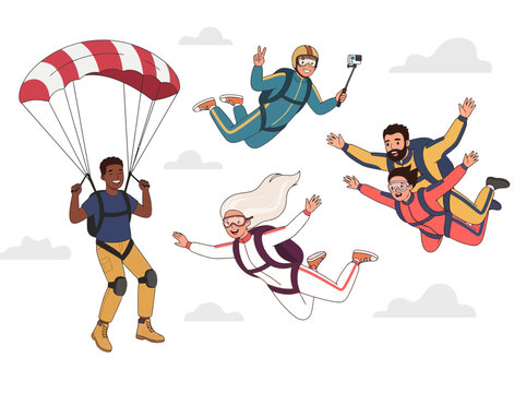 Diverse Skydivers and Parachutists Freefalling in Sky Flat Vector Illustration