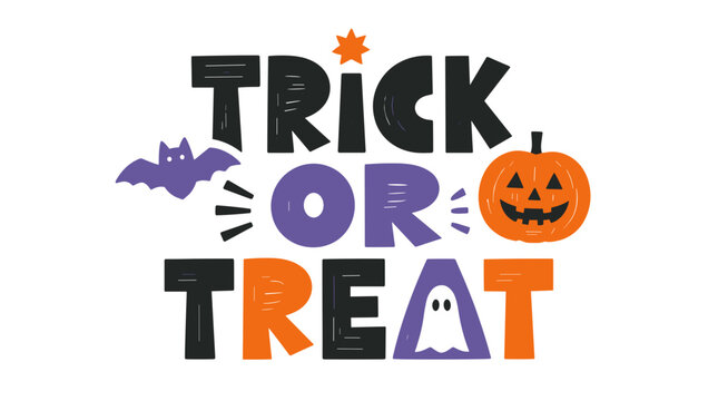Trick or Treat Sign with Pumpkins and Bats Graphic.