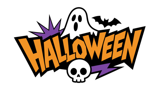 Halloween graphic featuring ghost skull and bats.