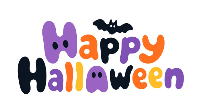 Colorful Happy Halloween Typography With Bat Illustration.