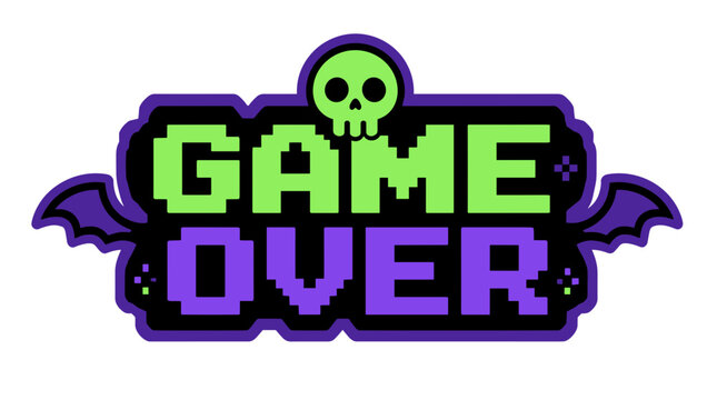 Retro arcade game over emblem with skull and wings.