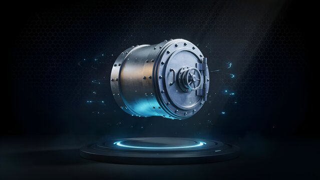 Futuristic bank vault door floating above a glowing circular platform in a dark digital environment