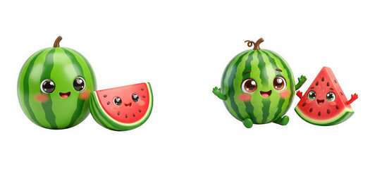 Cute cartoon watermelon character and a slice of watermelon isolated on transparent background