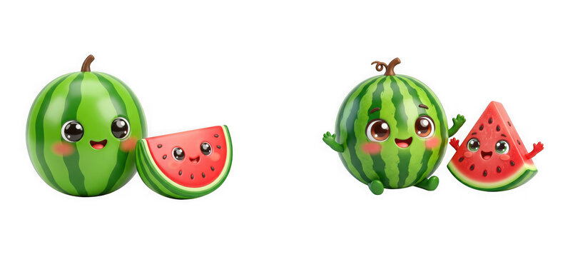 Cute cartoon watermelon character and a slice of watermelon isolated on transparent background