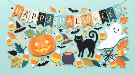 Fototapeta premium Festive halloween pattern with pumpkins ghosts cats and candy corn