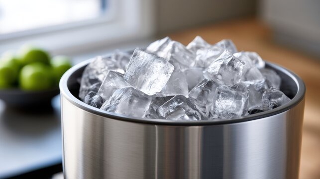 Stainless steel container filled with clear ice cubes on wooden surface with blurred green apples and window background in kitchen setting