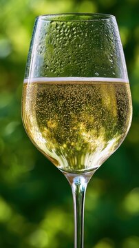 Sparkling cold white wine with condensation droplets in elegant glass reflecting natural outdoor greenery in bright daylight ambiance