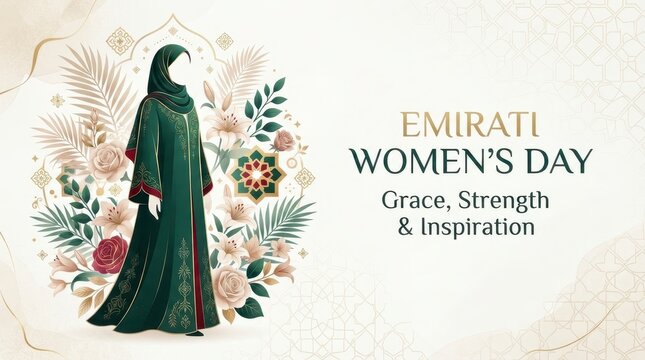 Emirati woman in green abaya celebrating women's day