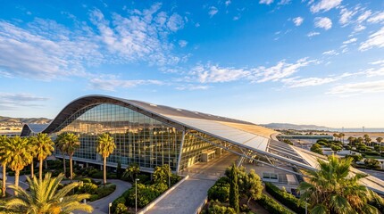 Fototapeta premium Modern Airport Terminal Building Architecture Exterior at Sunset