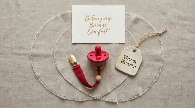 Elegant red silicone baby pacifier with wooden ring on linen fabric beside greeting card and warm hearts ceramic tag, showcasing comfort and emotional connection for newborn baby and family life