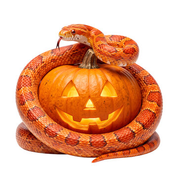 Bright Orange Corn Snake Coiled Around a Glowing Halloween Jack-o'-Lantern, Spooky Autumn Reptile and Carved Pumpkin Composition for Seasonal Holiday Cards, Posters and Festive Design