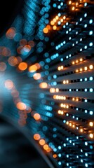 Fototapeta premium Abstract futuristic panel with glowing orange and blue lights creating a digital network effect in a dark environment for technology concept background