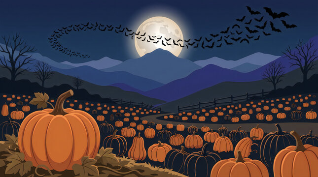 Halloween pumpkin patch with carved jack o lanterns under a moonlit sky