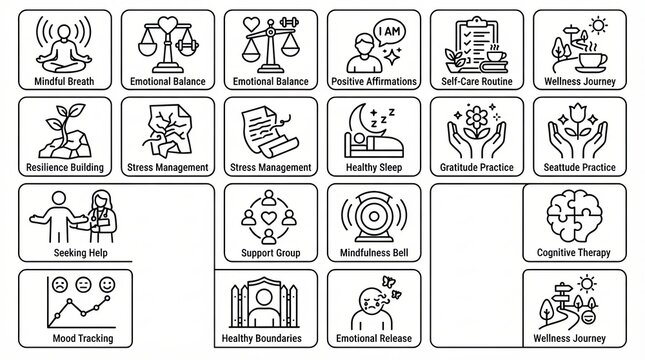 Mental health and wellness icon set for mindfulness and self care