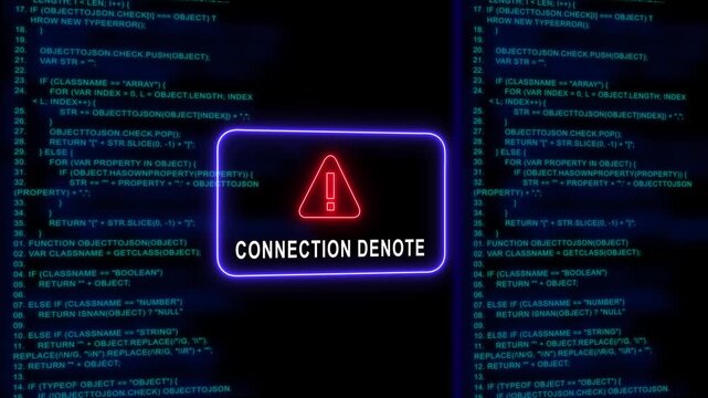 Connection denoted warning sign over scrolling computer programming code background, for cyber security, and software development concepts