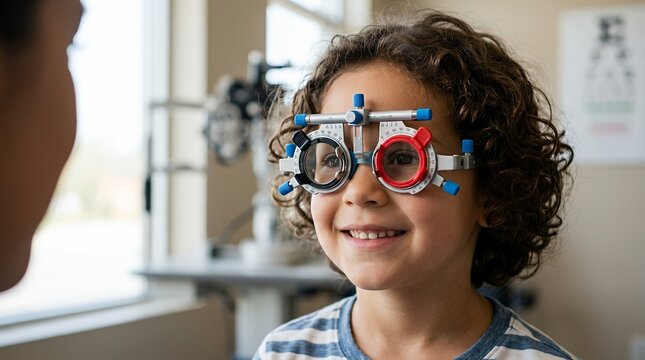 Smiling child undergoing pediatric eye exam with trial frame glasses. Young girl testing vision during optometry refraction assessment for correcti...