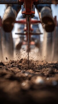 Soil being turned and loosened by a sharp agricultural plow blade with farmer's boots visible in the background during field preparation in springtime