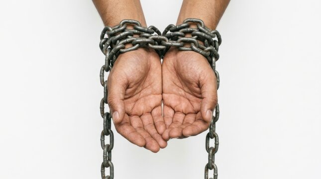 Human hands bound by heavy iron chains representing struggle and loss of freedom, powerful symbol of slavery or imprisonment for social justice concepts and human rights awareness projects