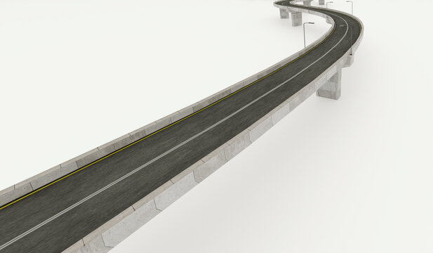 Aerial view of modern curved elevated highway bridge isolated on white background