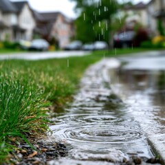 Fototapeta premium Rainwater falling into a puddle on a suburban sidewalk with green grass and blurred houses in the background during a wet day