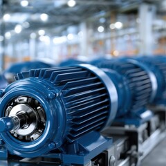 Fototapeta premium Industrial modern blue electric motors aligned in a factory assembly line with a focus on the detailed rotor and shaft for manufacturing and engineering use