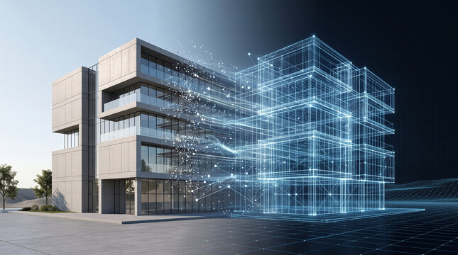 Transition of building physical structure into digital twin virtual model, minimalist architecture concept, 3D smart construction technology and data visualization
